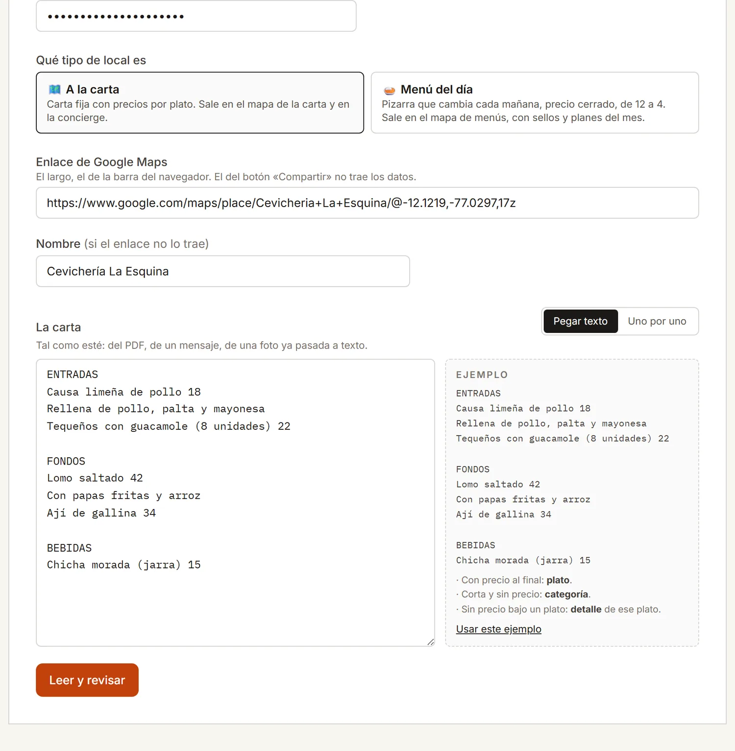 Onboarding: a Google Maps link, the restaurant's name and its menu pasted as plain text