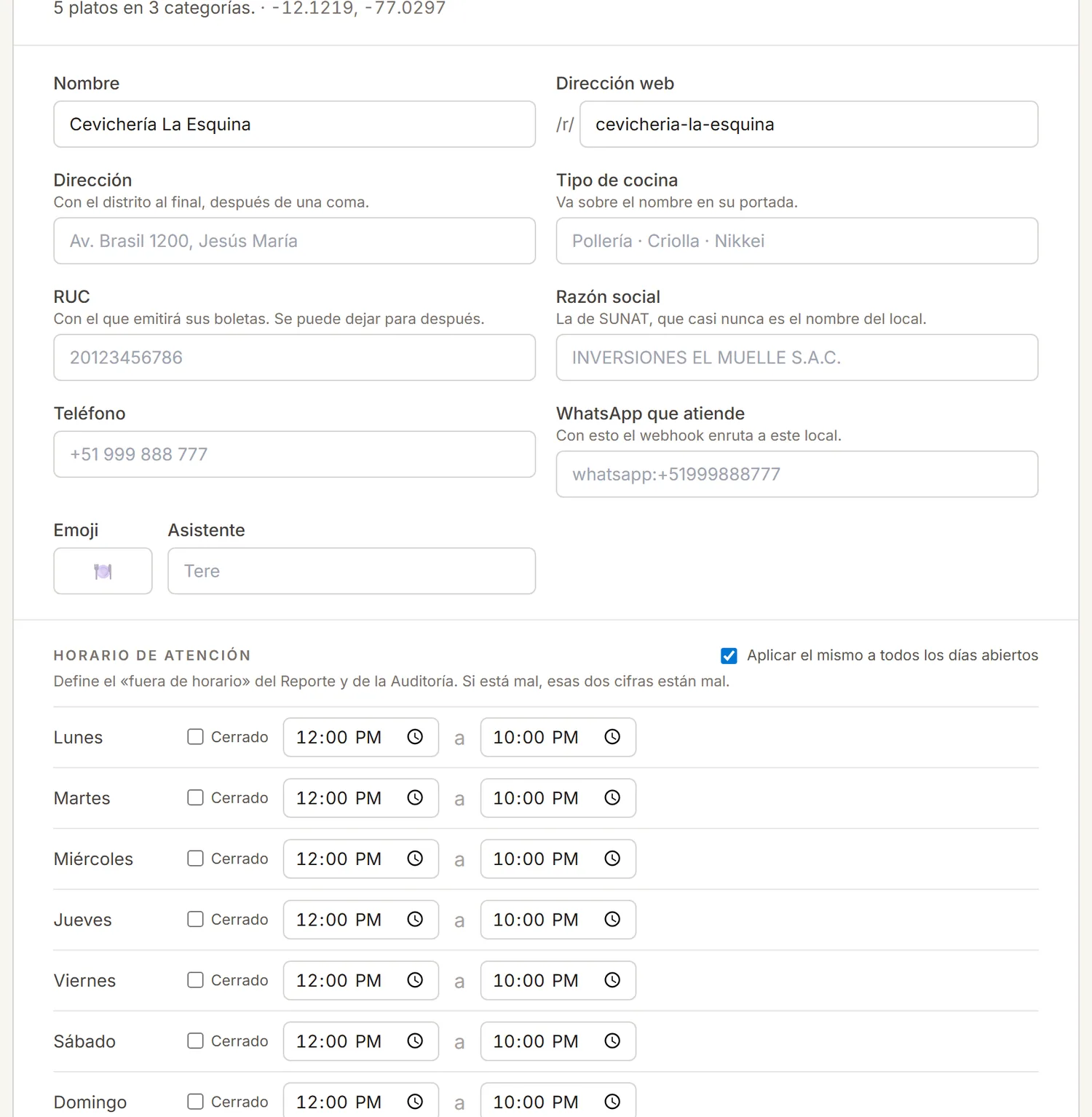 Review screen: name, web address, hours and the dishes Ahorita read from the menu