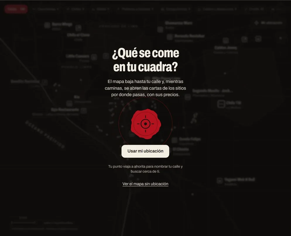 The map under a wax seal: «¿Qué se come en tu cuadra?», Use my location