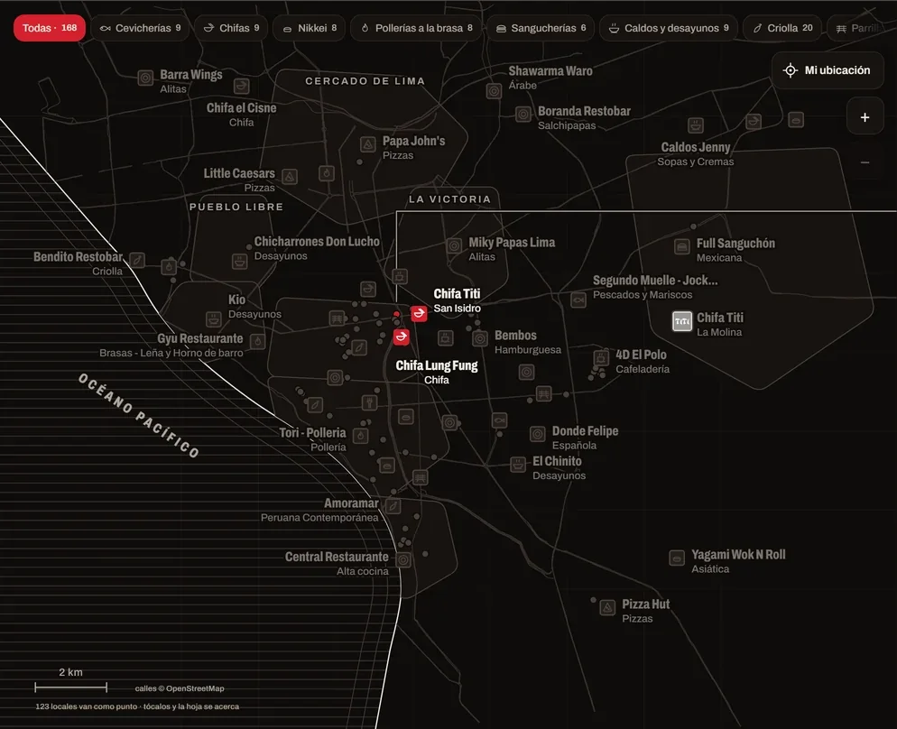 The map of Lima with the chifas of San Isidro lit up in red