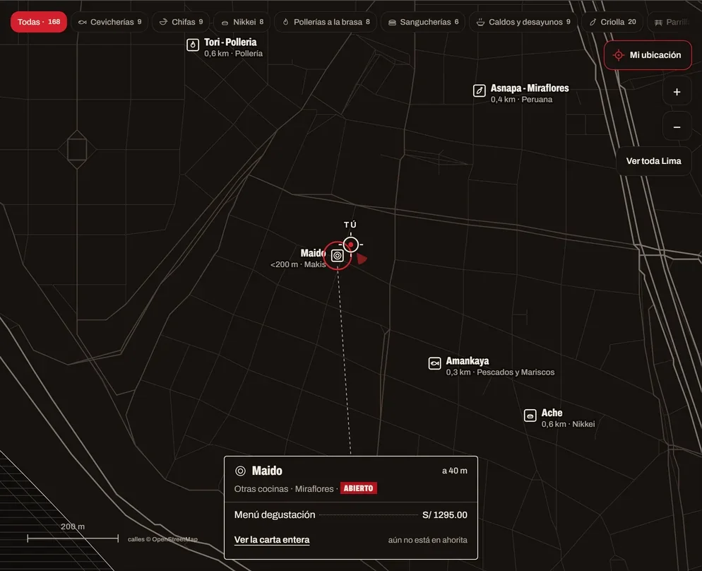 The map at street level while walking, with the menus of nearby places
