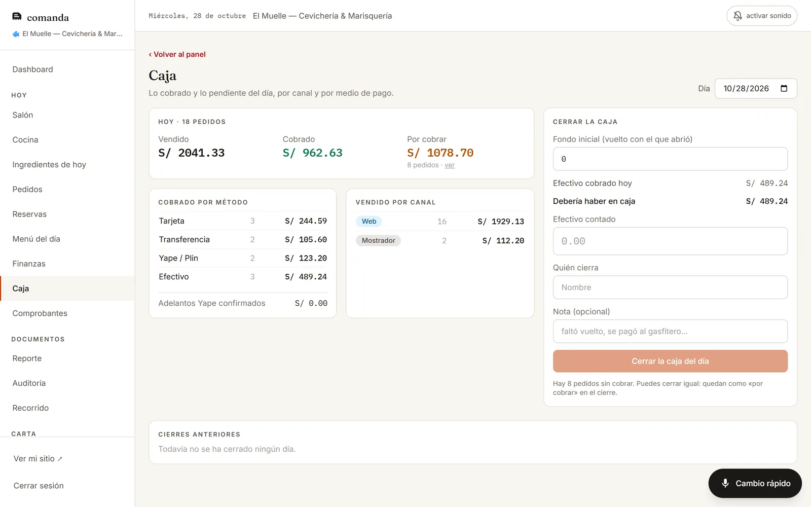 The till: sold, collected, by payment method, close the till