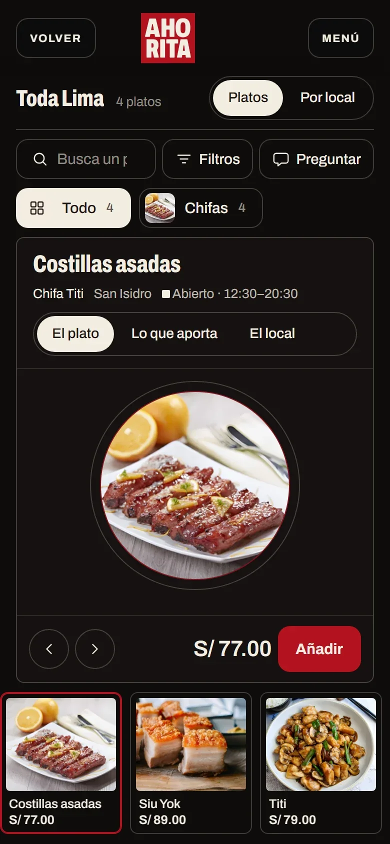 A dish card: Costillas asadas, Chifa Titi, S/ 77.00, with photo and description