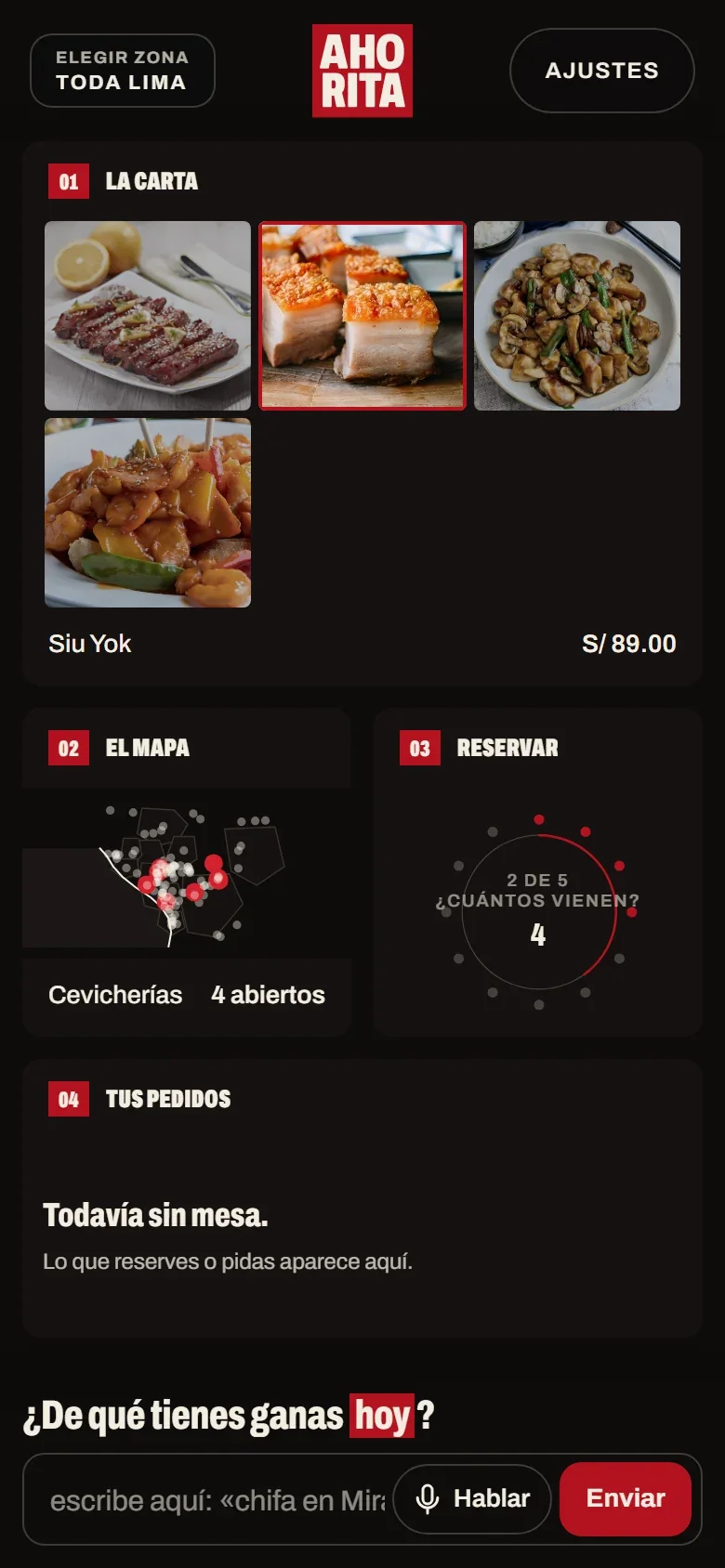 Ahorita's home screen: «¿De qué tienes ganas hoy?», the map and the dishes of Lima