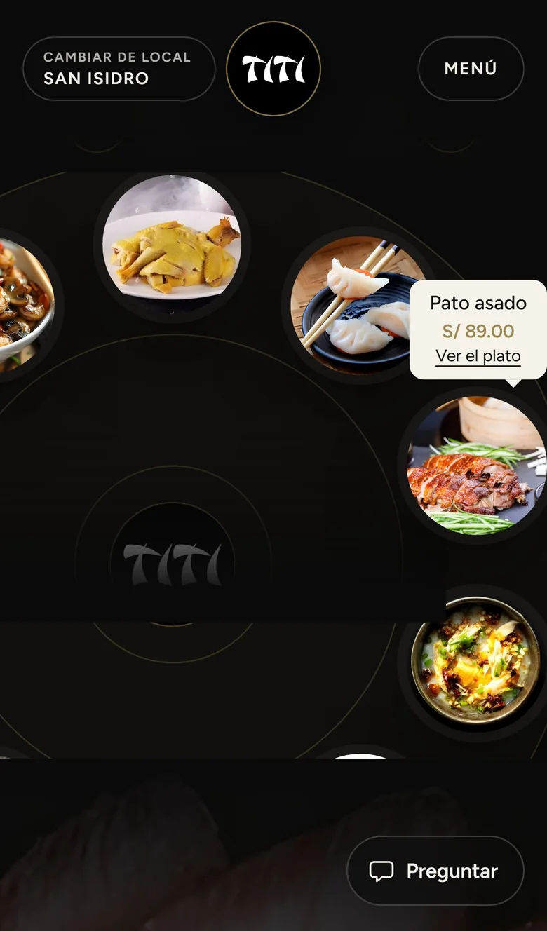 The lazy susan on Chifa Titi's page: roast duck, S/ 89.00