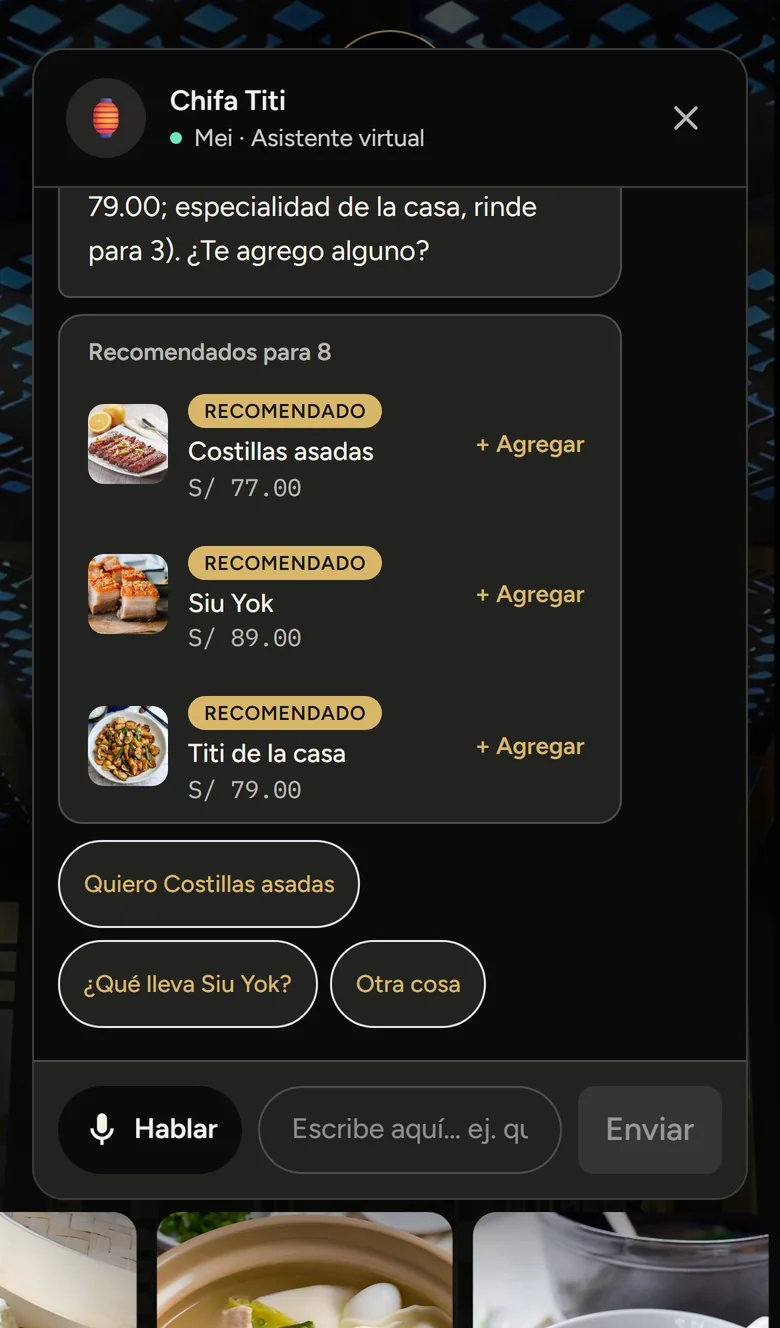 Mei, Chifa Titi's assistant, recommending three dishes for eight with their prices