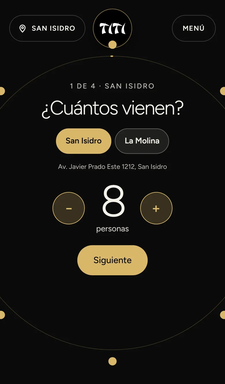 Booking a table: how many are coming, 8 people, San Isidro or La Molina